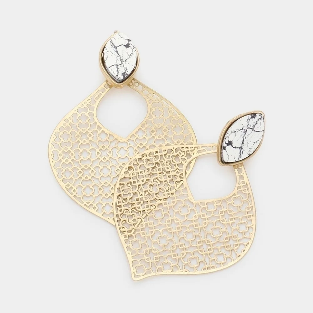 NWT White Howlite Wood Golden Teardrop Filigree Metal Earrings